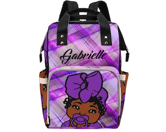 Purple Plaid African American Baby Girl Backpack Personalized Diaper Clothing Bottles Bag Print Baby Shower Gift Mommy Daddy Afro