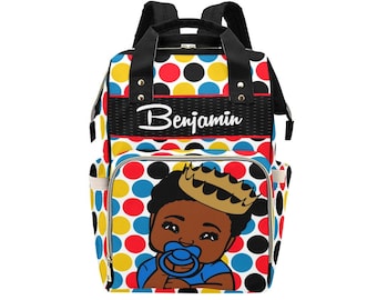 Multicolored African American Baby Boy Backpack Personalized Diaper Clothing Bottles Bag Print Baby Shower Gift Mommy Daddy Black Afro