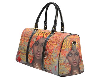 May include: A rectangular duffel bag featuring a portrait of a Black woman with a red head wrap and gold jewelry. The bag has black handles and straps, with the word "BLACK" prominently displayed. The background has text.