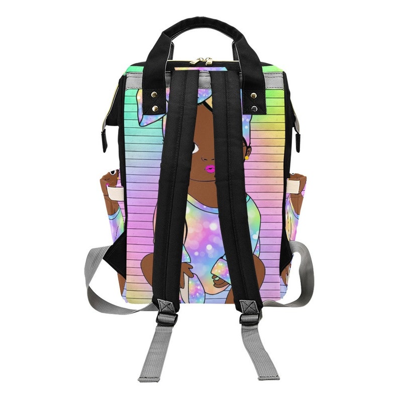 Multicolored Printed African American Baby Girl Backpack Personalized Diaper Clothing Bottles Bag Print Baby Shower Gift Mommy Daddy Afro