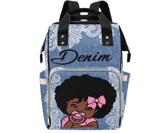 Denim African American Baby Girl Backpack Personalized Diaper Clothing Bottles Bag Print Baby Shower Gift Mommy Daddy  Afro Denim Lace