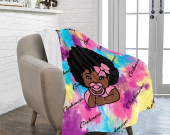 Watercolor African American Baby Girl Throw Blanket Personalized Blanket  Baby Shower Gift
