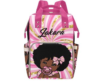 Pink Swirl African American Baby Girl Backpack Personalized Diaper Clothing Bottles Bag Print Baby Shower Gift Mommy Daddy Afro
