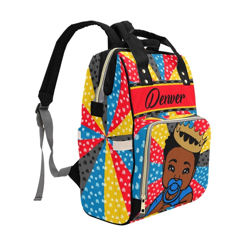 Multicolored African American Baby Boy Backpack Personalized Diaper Clothing Bottles Bag Print Baby Shower Gift Mommy Daddy Black Afro