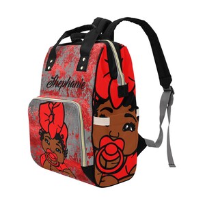 African American Baby Girl Red Backpack Diaper Bag Personalized Diaper Clothing Bottles Bag Print Baby Shower Gift Mommy Daddy Black Afro bild 3