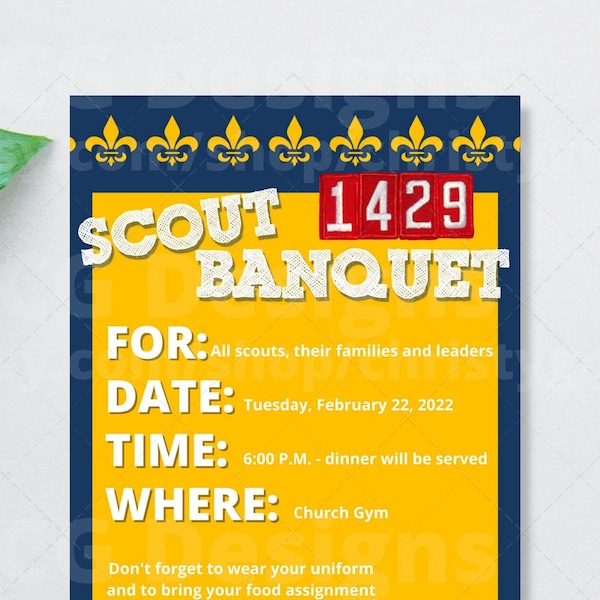 Boy Scout or Cub Scout Invitation Card  5x7 Template - Eagle Scout Court of Honor - Blue and Gold Banquet - Edit in Canva