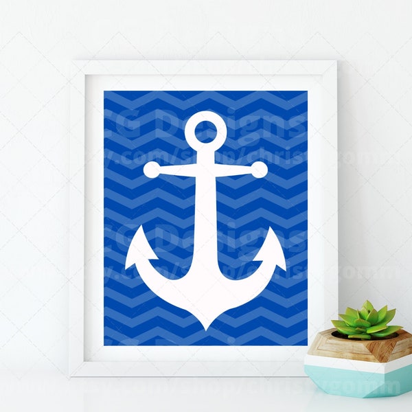 Anchor Nautical Wavy Stripes Digital Wall Art 8x10 DIY Printable Customize Gift Edit Template in Canva