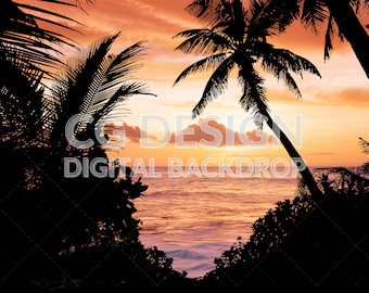 Tropical Beach Sunset Silhouette, Digital Backdrop Photographer Composites, Digital Background for Photoshop, Composite Photography