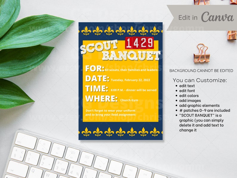 Boy Scout or Cub Scout Invitation Card 5x7 Template Eagle Scout Court of Honor Blue and Gold Banquet Edit in Canva image 2