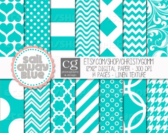 Sail Away Blue Printable Digital Papers - 12&quot;x12&quot; - 300 dpi - for scrapbooking, cards, invitations - Dots, Stripes, Chevron, Designs