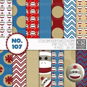 Sock Monkey Printable Digital Paper Pack - 12"x12 » - 300 dpi - pour scrapbooking, cartes, invitations - Bleu, Rouge, Rose,