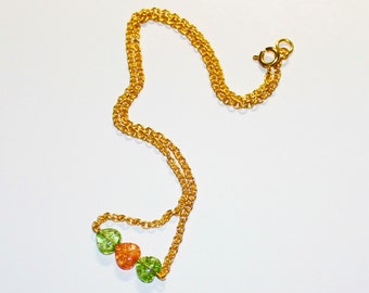 Peridot Green and Coral Heart shaped Crackled Quartz and Gold Chain Necklace