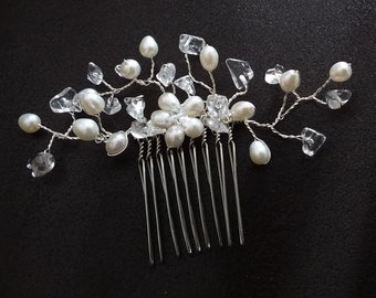 Clear Quartz and Freshwater Pearls Hair Vine on Comb