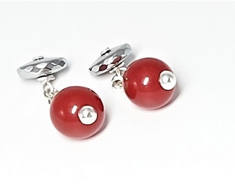 Red Agate & Silver Haematite Chain Linked CuffLinks - Silver Plated