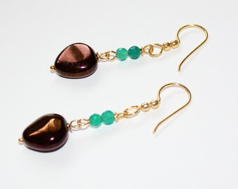 Bronze Coated Agate & Green Onyx Earrings on Gold Plated Earwires