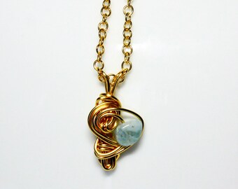 Wire Wrapped Aquamarine Pendant - on Gold Plated Chain - Aquamarine Necklace - March Birthstone - Mothers' Day Gift