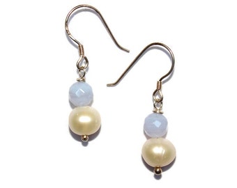 Cultured Pearls and Blue Lace Agate Earrings - June's Birthstone - Gift for Her