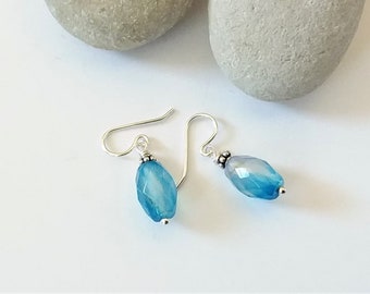 Blue Faceted Agate Drums with Oxidised 925 Silver Drop Earrings