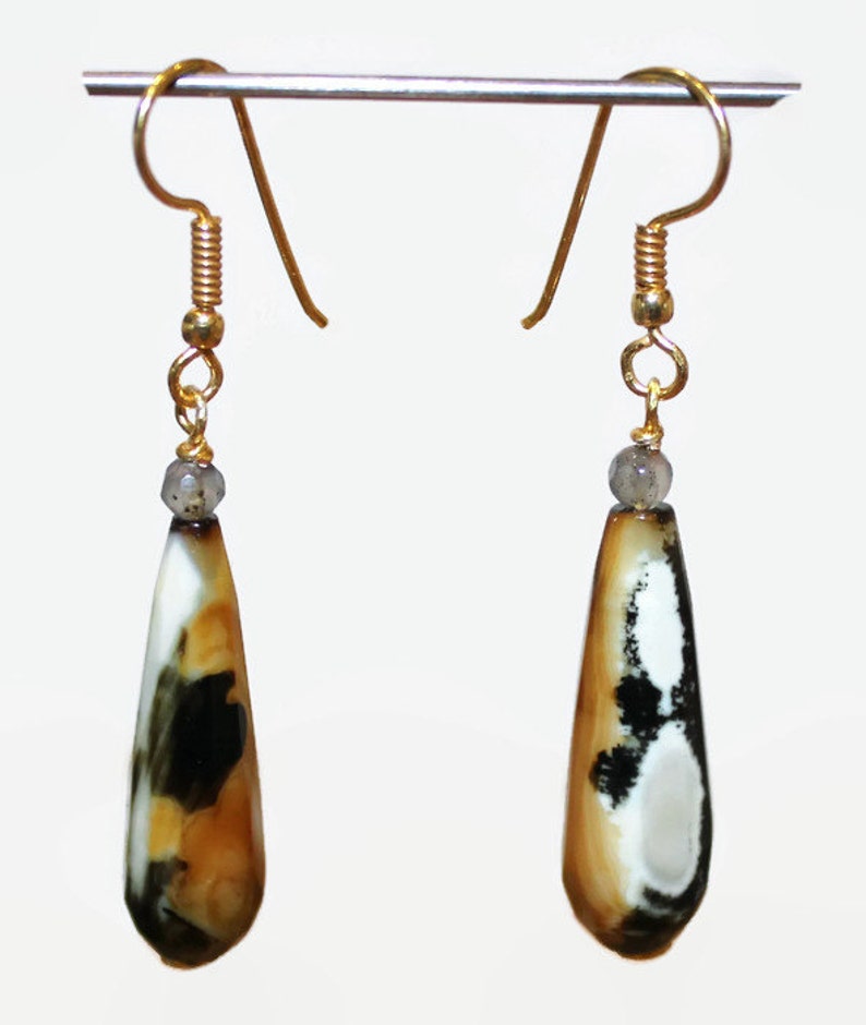 BrownBlack and Grey Agate Drop Earrings on Gold Plated Hooks