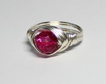 Wirewrapped Fuschia Red Quartz Solitaire Ring - Red Gemstone - Silver Plated Copper Ring