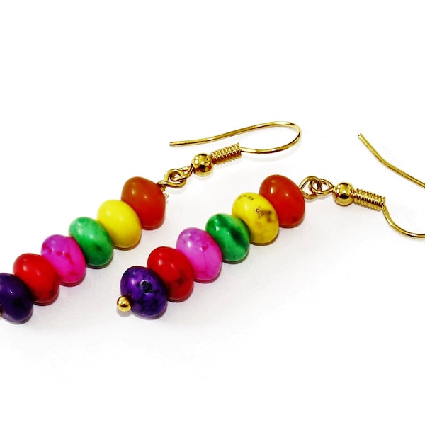 Multi-colour stacked Magnesite Earrings - Gold Earwires - Red, Yellow, Pink, Green, Orange and Purple Magnesite Earrings - Gift for Her