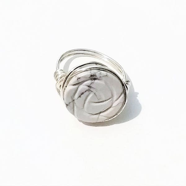 White Howlite Solitaire Ring Wire Wrapped with Silver Plated Copper