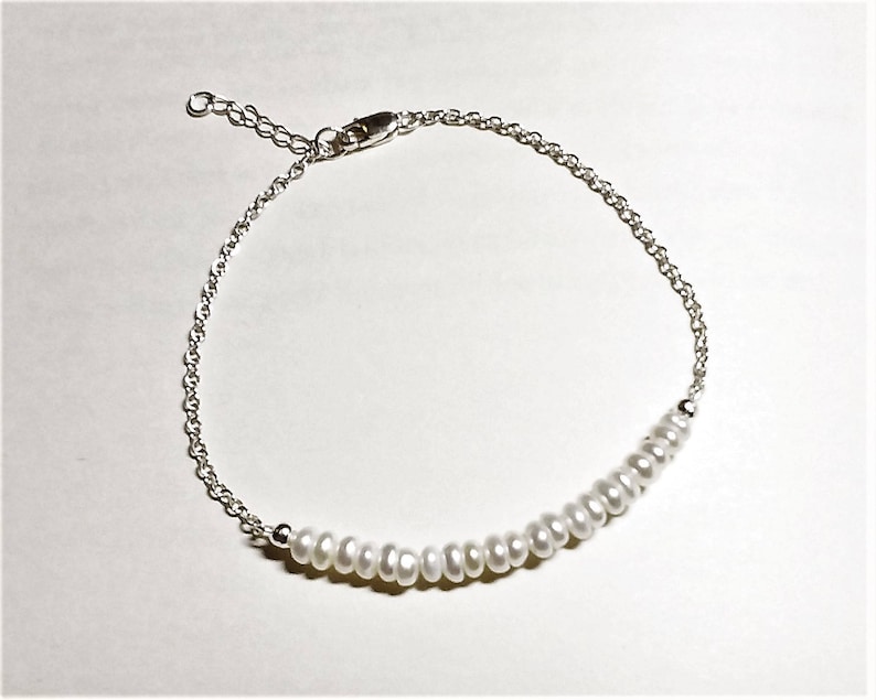 Cultured Pearls Gift for Her White Freshwater Pearls and Sterling Silver Bar Bracelet Birthstone for June Pearl UK Seller