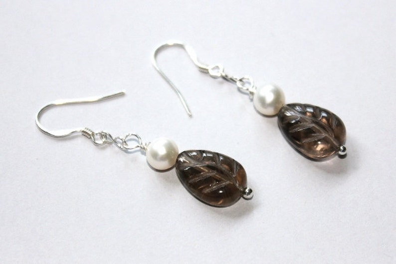 Smokey Quartz Leaf Earrings Freshwater Pearl Earrings Silver Earrings June Birthstone Mothers' Day Gift image 1