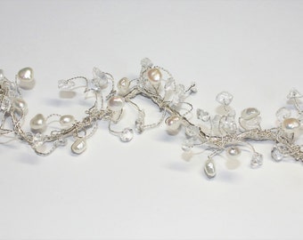 White Pearls, Clear Quartz and Silver Wire Bridal Hair Vine or Headpiece