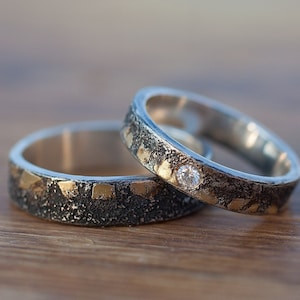 Wedding ring set: Rustic wedding bands, Matching wedding bands, Wedding band set his and hers, Black wedding bands, Gold silver ring set