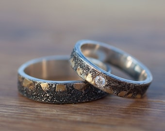 Wedding ring set: Rustic wedding bands, Matching wedding bands, Wedding band set his and hers, Black wedding bands, Gold silver ring set