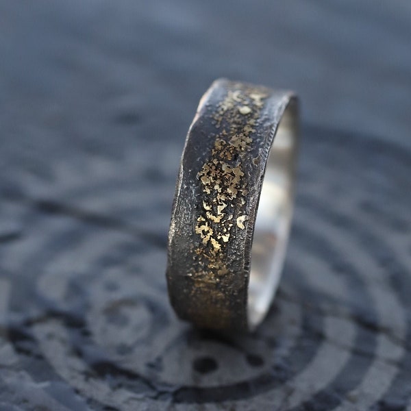 Unique men wedding band gold silver: viking ring - Unusual engagement rings - Rustic ring for men - Gold dust ring- aniversary gift for him