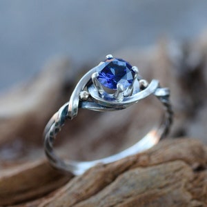 Sapphire engagement ring:Celtic solitaire silver ring Dainty engagement ring Alternative engagement ring viking Blue promise ring Blue sapphire (lab)