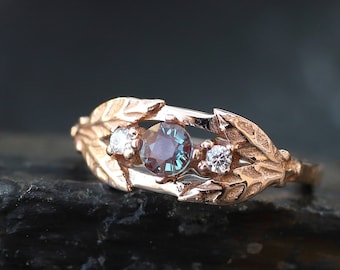 Alexandrite engagement ring: Rose gold trilogy ring -Alternative engagement ring 18k gold - leaves ring nature inspired jewelry