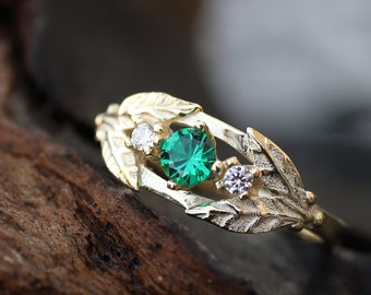 Alexandrite engagement ring:Trilogy gold ring -Three stones ring -Alternative engagement ring 18k gold - leaves ring nature inspired jewelry