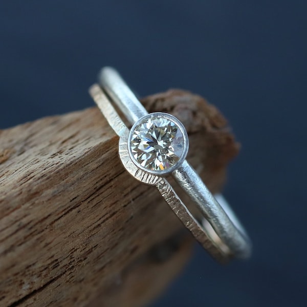 Moissanite engagement ring set for her-Solitaire ring silver and gold - minimalist stacking ring set - promise ring women