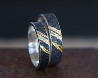 Unique matching ring set his and her: Keum boo ring - Unusual engagement rings - Two tone wedding band  - Rustic ring for men - Wabi sabi