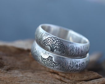 His and hers matching wedding bands - Celtic wedding bands set -Tree of life engraved rings -