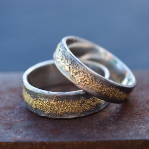 Rustic viking wedding rings. Gold and silver bands - Alternative  ring set organic wabi sabi wide rings-unusual two tone rings