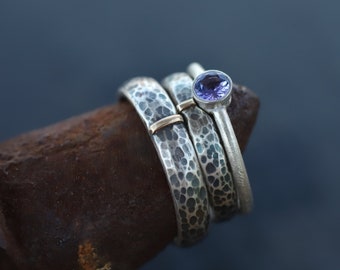 Engagement ring set: Matching rings his and hers - Two tone wedding bands - Hammered rings - Tanzanite engagement ring - Celtic wedding ring