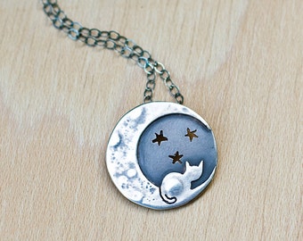 Cat necklace: Silver Cat Necklace - Cat lover gifts - Cat on moon pendant - Unique cat Jewelry - Crazy cat lady gift - Mothers day gift Mom