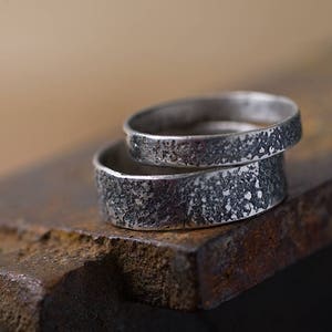 Wedding ring set: Rustic wedding bands, Matching rings for couples, Wedding band set his and hers, Black wedding bands, Silver ring set image 1