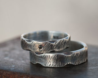 Rustic wedding ring set: Hammered wedding bands - His and hers matching wedding band - Alternative engagement ring - Wabi sabi ring