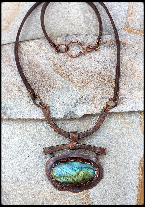 Rustic copper necklace with labradorite: Hand forged statement | Etsy