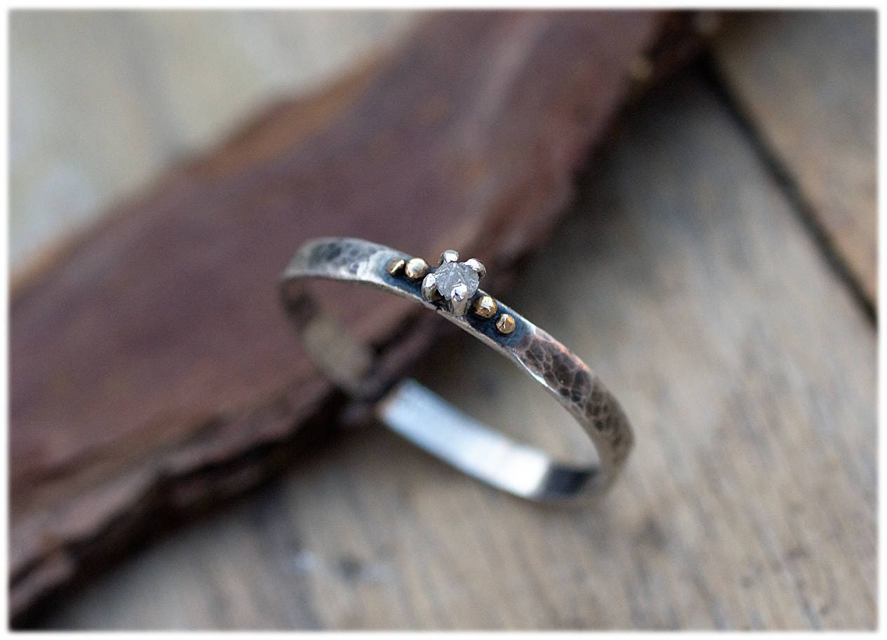 Raw Diamond Engagement Ring Dainty Hammered Ring Uncut Etsy