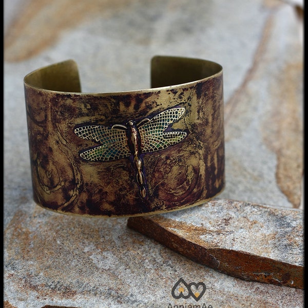 Whismical dragonfly brass cuff: Handforged etched color brass cuff  vintage style. Statement dragonfly  bracelet