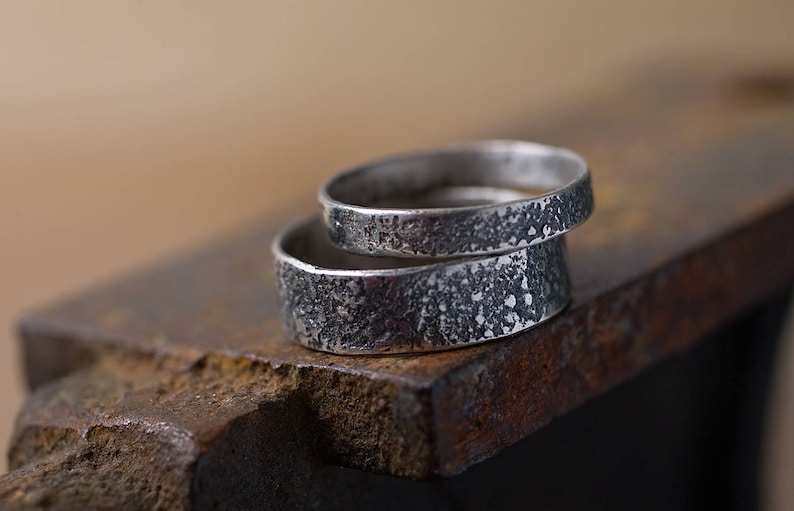 Wedding ring set: Rustic wedding bands, Matching rings for couples, Wedding band set his and hers, Black wedding bands, Silver ring set image 1