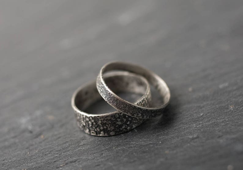 Wedding ring set: Rustic wedding bands, Matching rings for couples, Wedding band set his and hers, Black wedding bands, Silver ring set image 6