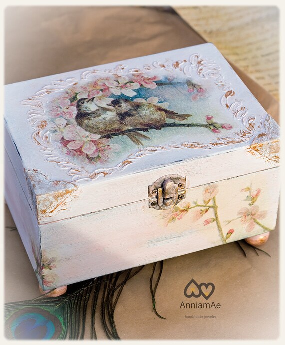 Items similar to Jewelry box Shabbychic decoupage birds wooden box