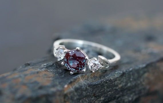 Alexandrite engagement ring: nature leaves ring for woman - three stones ring - white gold leaf ring - leaves ring- unusual engagement ring